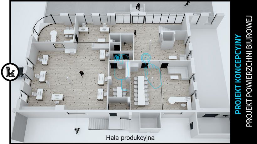 Projekt koncepcyjny wnętrz powierzchni biurowych w Gliwicach KBG350